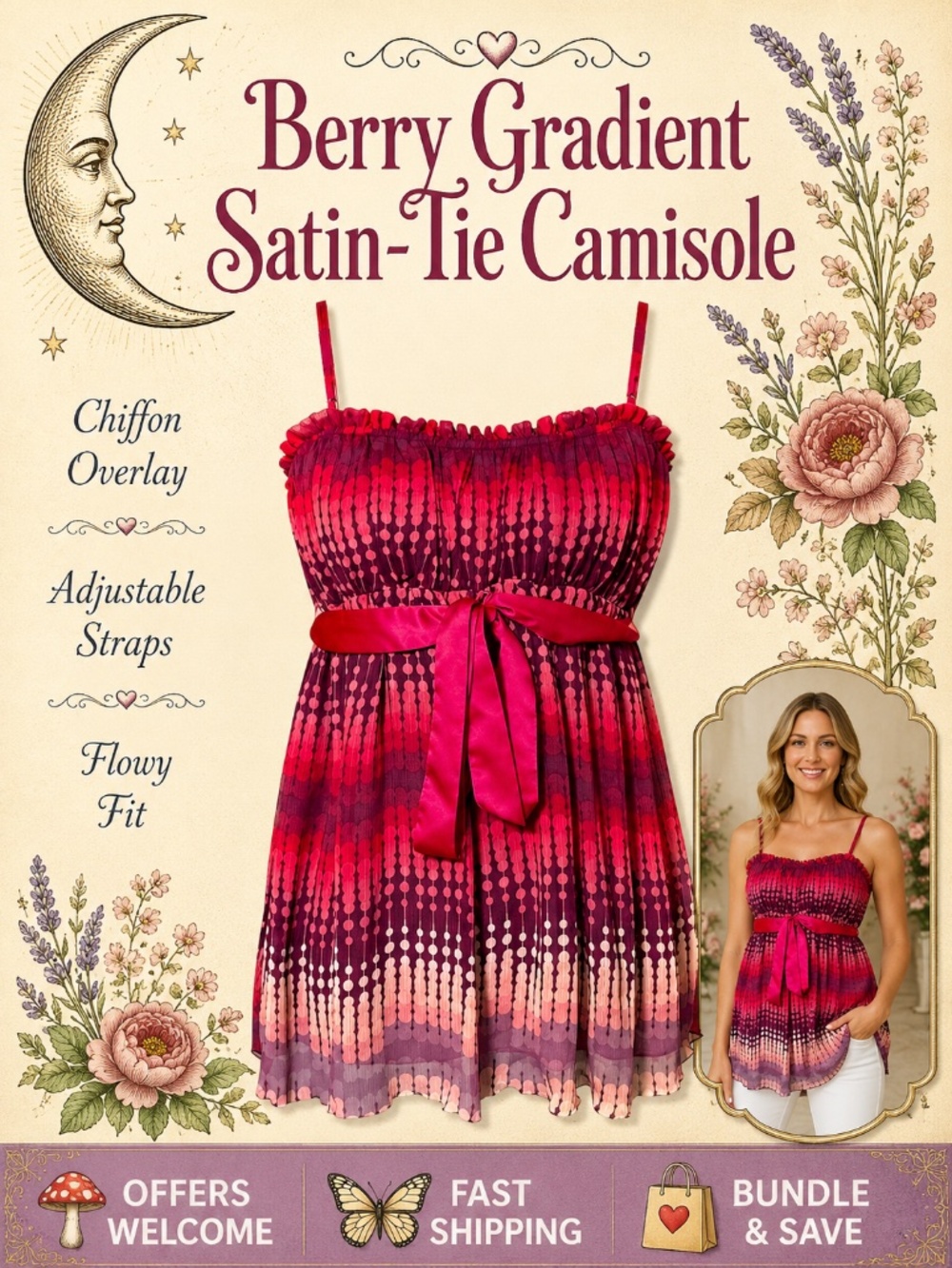 Mixit Pink Berry Gradient Camisole Satin Tie XS Juniors Chiffon Overlay